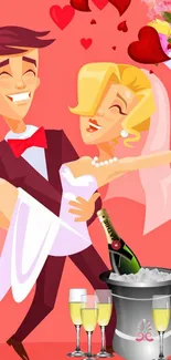 Cartoon wedding couple with champagne and hearts in a pink background.