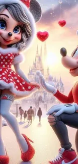 Romantic cartoon scene with characters, castle, and red winter theme.