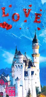 Romantic castle with love hearts and blue sky background.