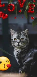 Gray tabby cat with love text and emoji on a leafy background.