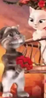 Romantic cartoon cats with flowers in a magical setting.