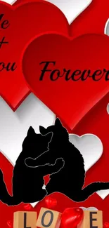 Romantic cats with heart shapes background and love message.