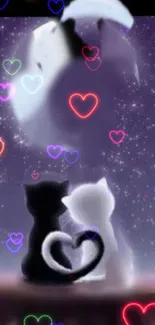 Silhouetted cats under a moonlit, starry sky with colorful heart designs.