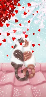 Romantic cats with hearts and cherry blossoms on a rooftop wallpaper.