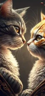 Romantic pair of cats gazing lovingly in digital art wallpaper.