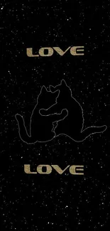 Romantic cat silhouette with stars and love text on a dark wallpaper.