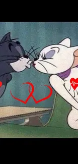 Two cartoon cats kissing with heart symbols.