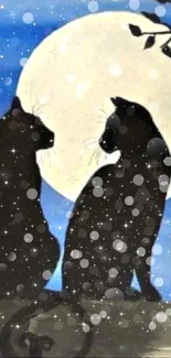 Silhouetted cats sitting under a full moon with sparkling stars.