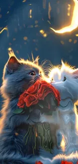 Two animated kittens with roses under moonlit sky.