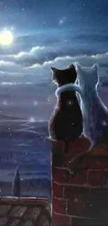 Two cats sit on a chimney under a bright moonlit sky.