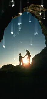 Silhouette of a couple in a cave against sunset with stars above.