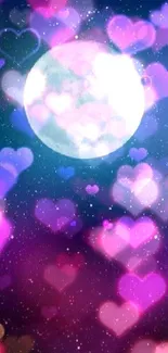 Romantic wallpaper with moon and purple hearts.