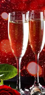 Romantic champagne with red rose and heart candies wallpaper.