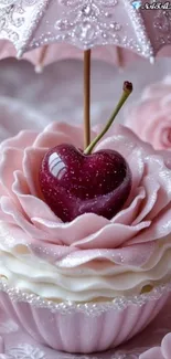 Heart-shaped cherry on pink cupcake with floral details.