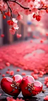 Romantic cherry blossom hearts on a blurred walkway background.