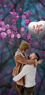 Romantic couple under cherry blossoms with heart balloon.