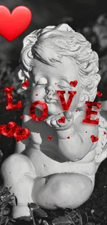 Romantic cherub with red hearts and the word love, perfect for mobile wallpaper.