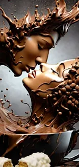 Romantic chocolate sculpture art with two swirling faces in a cup.