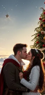 A romantic couple kissing by a Christmas tree in a snowy mountain setting.