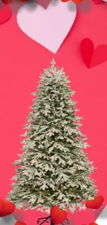 Christmas tree with hearts on a pink background, romantic holiday wallpaper.