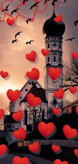 Romantic church wallpaper with red hearts and birds.