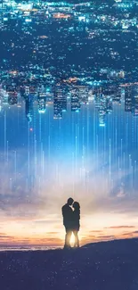 Romantic couple with city lights backdrop and blue horizon.