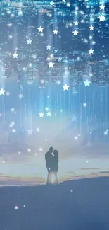 Romantic couple silhouette against a dreamy, blue cityscape at twilight.