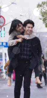 Romantic couple enjoying a city stroll with bokeh lights.