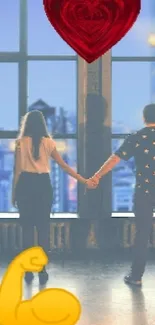 A couple holds hands in a loft with a city view, heart and flex emojis above.