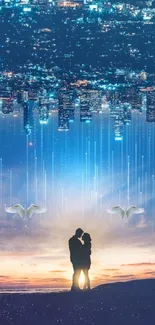 Couple silhouette with upside-down city and ethereal birds.