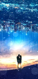 Romantic couple under a starry cityscape reflected in dreamlike hues.