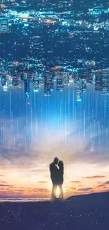 Romantic couple silhouetted against a dreamy cityscape.