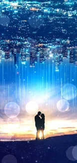 Silhouetted couple against a futuristic cityscape at night.