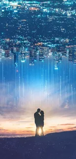 Romantic couple with dreamy cityscape backdrop at night.