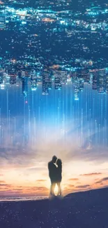 Dreamy urban scene with couple and city lights in blue hues.