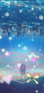 Romantic cityscape wallpaper with heart design and blue tones.