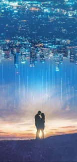 Romantic couple silhouetted against a cityscape sky.