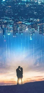 Romantic couple with cityscape background on mobile wallpaper.