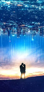 Romantic couple silhouette against a glowing cityscape at night, blending fantasy elements.