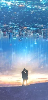 Couple silhouette against a vibrant night cityscape and starry sky.