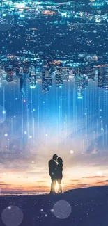 Couple silhouetted with cityscape reflection under a starry sky.