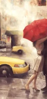 Romantic couple under red umbrella in cityscape.