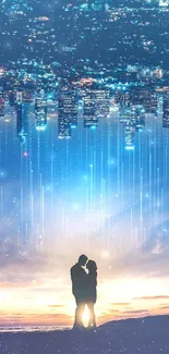 Romantic couple silhouette with dreamy cityscape background.