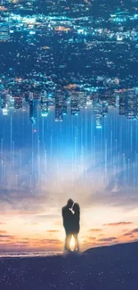 Romantic couple silhouetted against a vibrant cityscape.