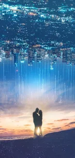 Romantic couple with cityscape backdrop and dreamlike sky.