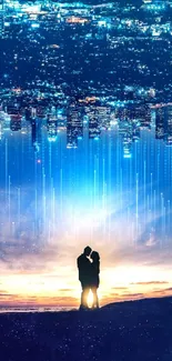 Silhouette of couple with city lights and sunset.