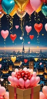 Heart balloons with a cityscape and gift box.
