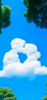 Clouds shaped like kissing couple in blue sky.