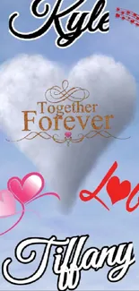 Heart-shaped cloud with love-themed text on a blue sky background.