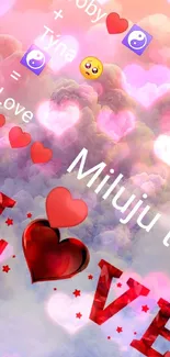 Romantic phone wallpaper with pink clouds, hearts, and 'Miluj tě' text.